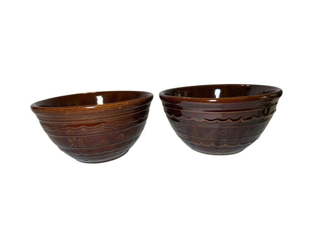 MarCrest Mixing Stoneware Bowl Oven Proof Set 2pc Embossed Floral 8" 4.5"